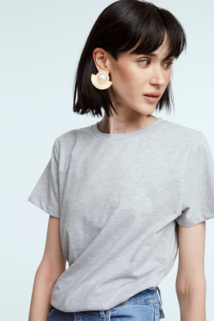 Bisiklet Yaka Gri Basic T-Shirt