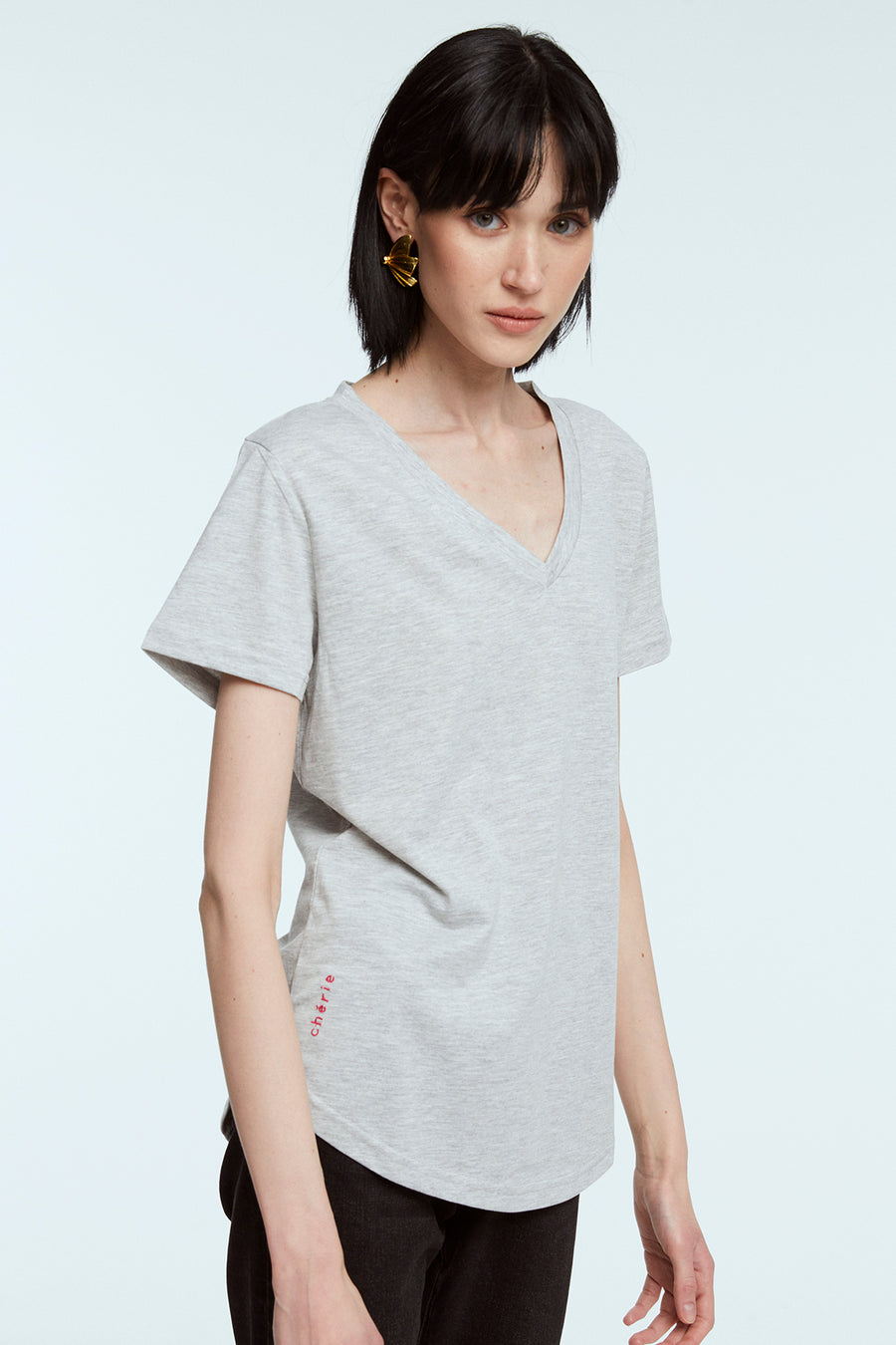 V Yaka Gri Basic T-Shirt